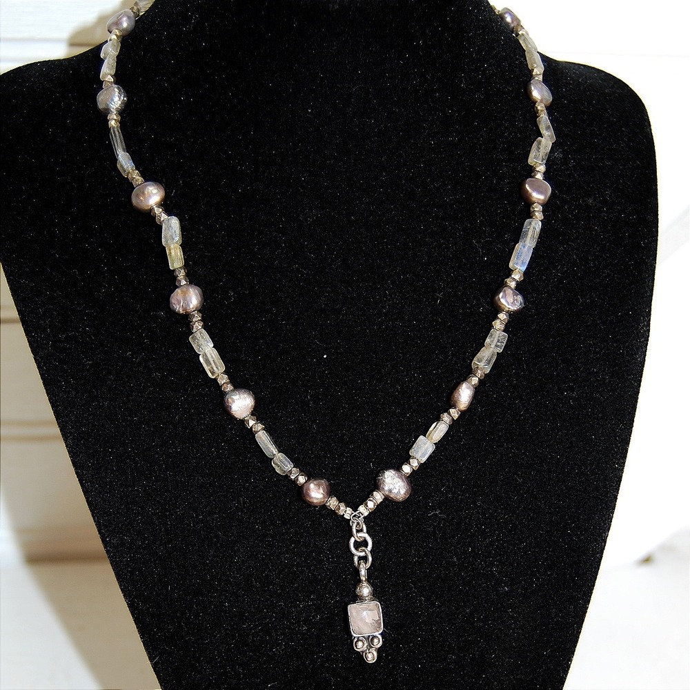 Vintage Black Freshwater Pearl necklace Sterling silver‎ beaded jewelry Pendant